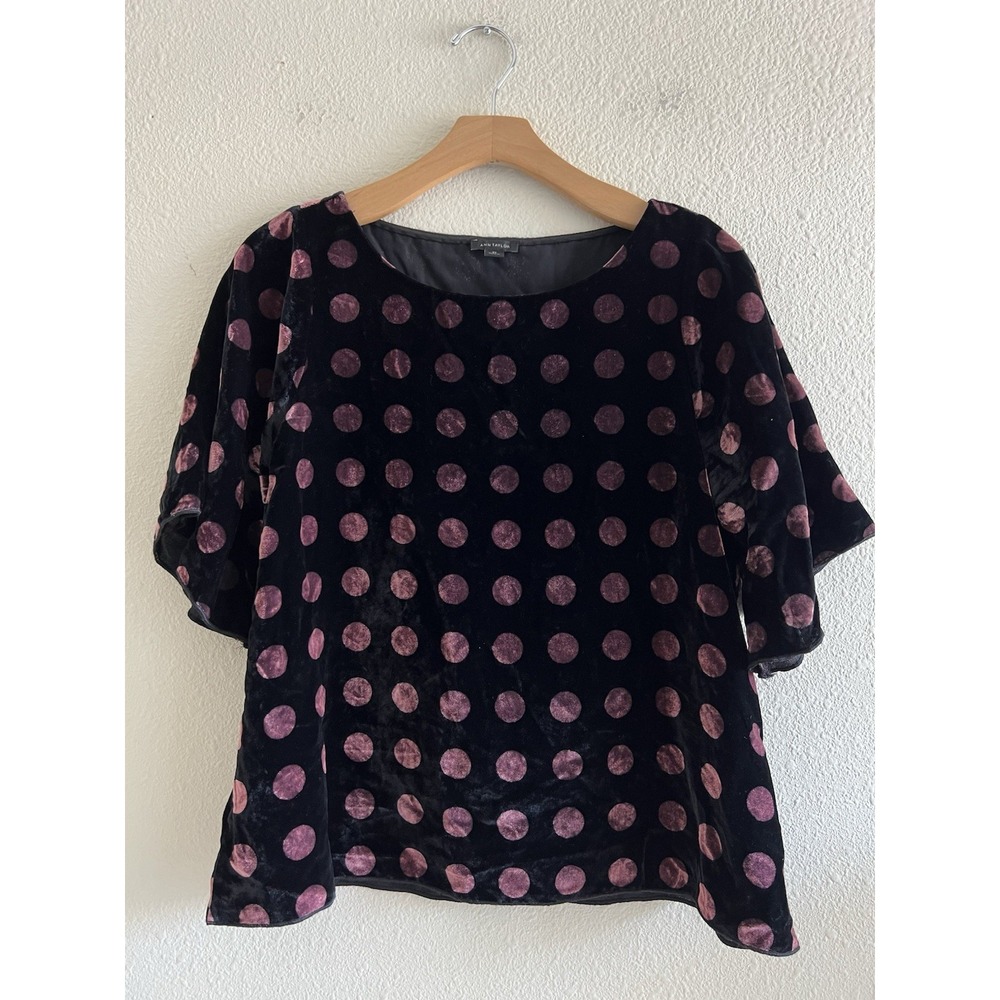 Ann Taylor XS Black Burgundy Velvet Polka Dot Blouse Flutter Sleeve Holiday Top